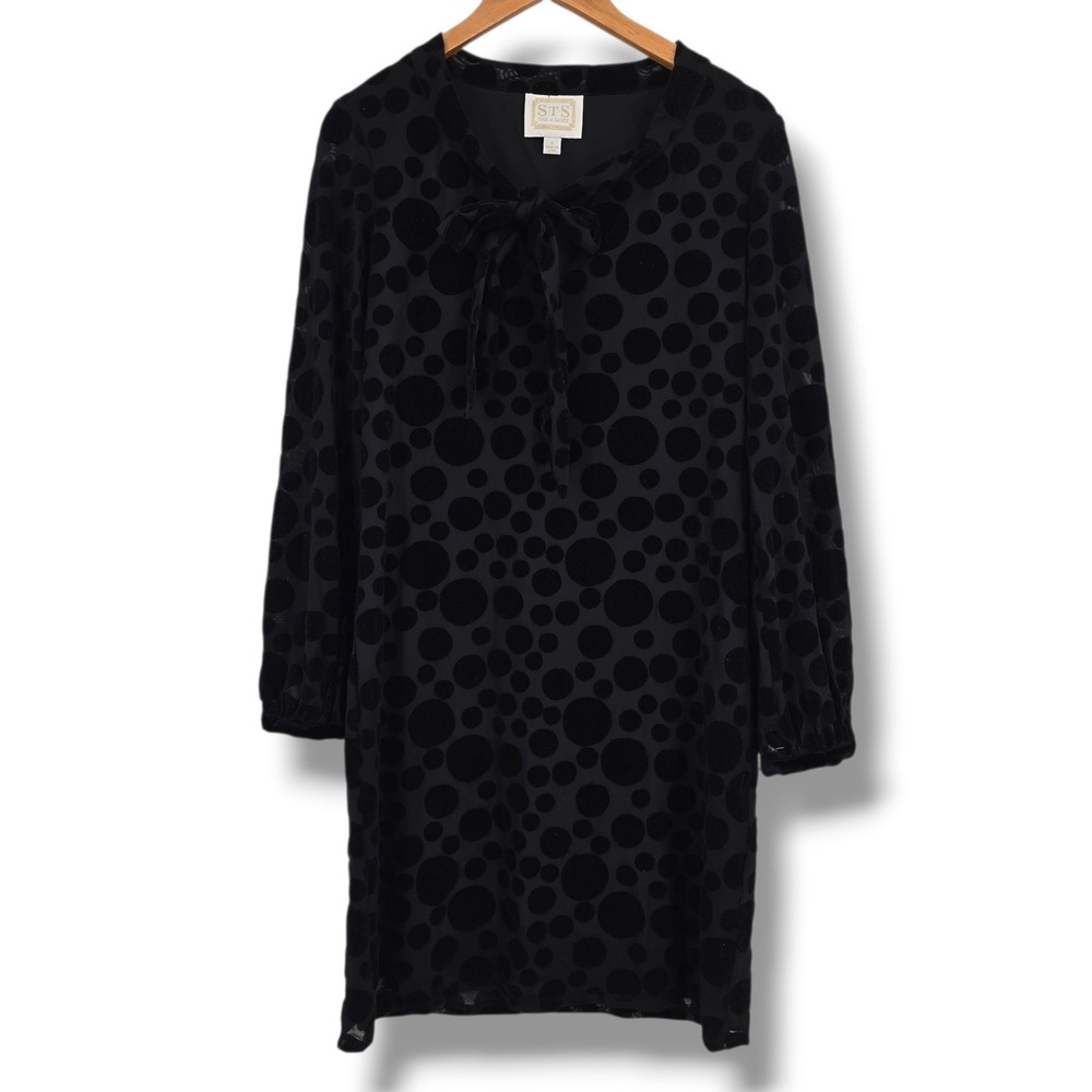 Sail to Sable STS Womens Black Polka Dot Burnout Velvet Tie Neck Shift Dress‎ 8